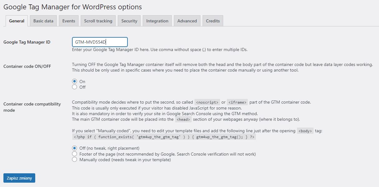 Instalacja kodu Google Tag Manager przy użyciu wtyczki GTM4WP